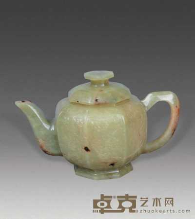 青玉六角花卉纹茶壶 长17.5cm